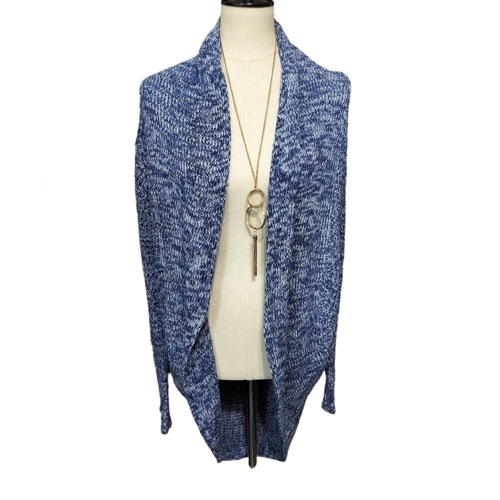 (1407)Bobbie Brooks Women's Blue White Open Front Knit Sweater Cardigan Large